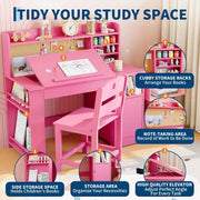 Juego de escritorio y silla de estudio para niños, con estante y superficie inclinable, mesa de estudio infantil, escritorio para estudiantes, para dormitorio, hogar