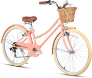 Glerc Missy 20, 24, 26 pulgadas bicicleta híbrida urbana tipo crucero para niñas, de 6 velocidades, con cesta de mimbre, para jóvenes mayores de 6 años, varios colores