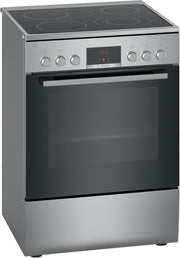 Cocina eléctrica de libre instalación Bosch Serie 4 HKR39C250, 60 cm de ancho, asistente de limpieza EcoClean Direct, aire caliente 3D para hornear en 3 niveles, control por pantalla LED, zona de cocción ampliable para recipientes grandes