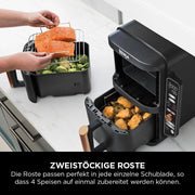 Freidora de aire Ninja Double Stack XL, 2 cajones verticales, 4 niveles de cocción, 2 rejillas, diseño compacto, 9,5 L de capacidad, 6 funciones, 8 raciones, pinzas, negro/cobre SL400EUCP