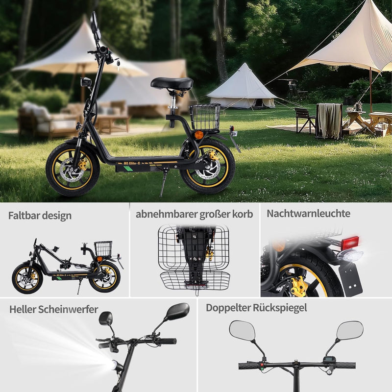 TWOFISH Ciclomotor eléctrico 500W con batería de 48V 13Ah, certificado CEE, 30 km de autonomía, neumáticos de 14 pulgadas, 45 km/h, escúter con homologación para carretera, motocicleta eléctrica con asiento y cesta, M5 Elite E (Negro)