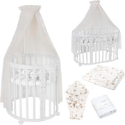 Cuna ovalada evolutiva Waldin, set completo 7 en 1, cuna de barrotes, cama infantil con colchón, cambiador, cuna colecho, madera blanca