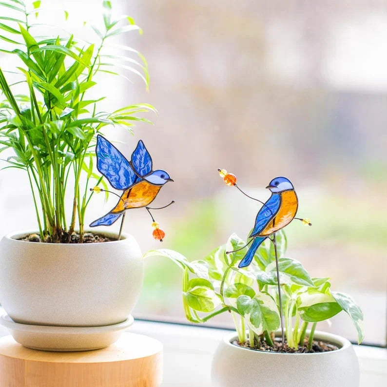 Inserto de vidriera de pájaros para plantas