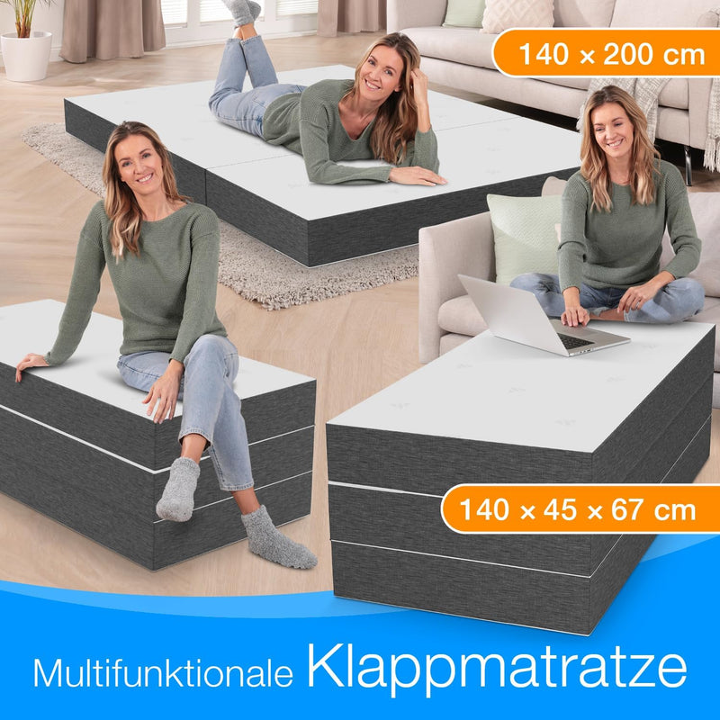 ELONEO Colchón plegable viscoelástico Premium 140x200 cm, extra alto 15 cm, colchón de invitados plegable, colchón plegable, colchón plegable, cubo para hernias discales, colchón de viaje, cama de invitados plegable, cama plegable lavable
