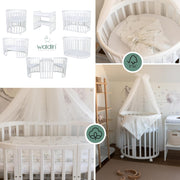 Cuna ovalada evolutiva Waldin, set completo 7 en 1, cuna de barrotes, cama infantil con colchón, cambiador, cuna colecho, madera blanca