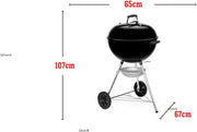Barbacoa de carbón Weber Original Kettle E-5710 / Tapa y cuba de acero vitrificado, superficie de cocción de 57 cm, sistema de limpieza One-Touch, termómetro integrado en la tapa, trípode, negro