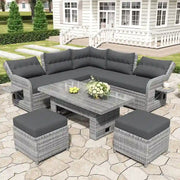 Juego de muebles de ratán para exteriores con mesa ajustable, sillones reclinables y 2 otomanas