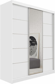 Armario MEBLINI con espejo, 3 puertas - Armario de puertas correderas con barra para colgar ropa - Armario de dormitorio con estantes - Armario ropero - MAKIRA - 180 cm - Blanco/Blanco + espejo