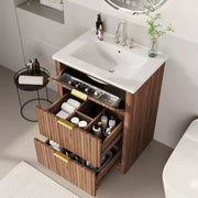 Conjunto de tocador de baño moderno estriado con lavabo de cerámica integrado, mueble de baño independiente con 3 cajones para baño contemporáneo