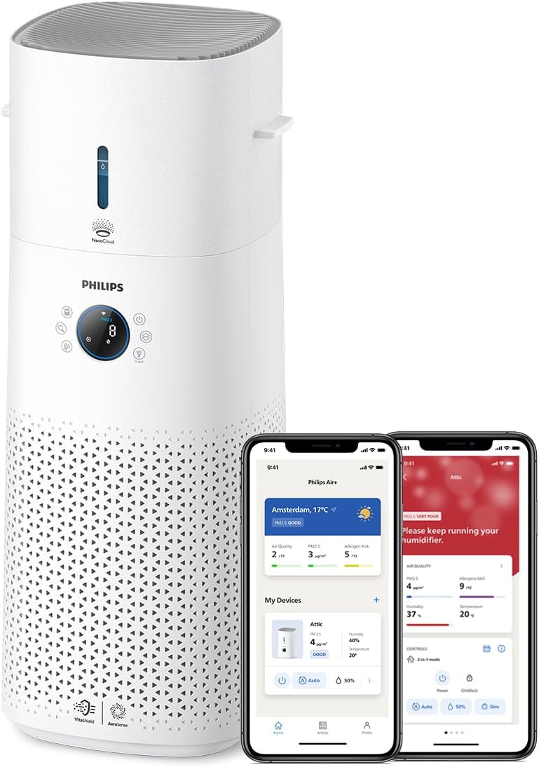 Philips Air Performer 2 en 1: Purificador de aire y ventilador refrigerante - Purifica 70 m², elimina el 99,97 % de alérgenos y contaminantes. Filtro HEPA, sensores inteligentes, Alexa, aplicación. (AMF765/10)