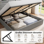Cama FEONASE 180x200 con almacenamiento, cama tapizada de 180x200 cm con iluminación LED y estación de carga, estructura de cama con elevación hidráulica y cabecero de lino con almacenamiento, somier, sin colchón, gris claro