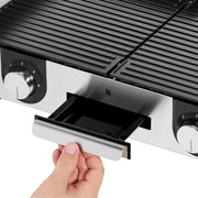 WMF Lono Master-Grill, parrilla eléctrica, 50x28 cm, parrilla de mesa eléctrica con protector contra el viento y bandeja de goteo, certificada para uso en exteriores, 2 superficies de cocción regulables por separado, 2400 W, acero inoxidable mate