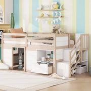 Cama alta baja de madera maciza con cajón y escalera, tamaño individual