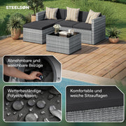 Set de muebles de jardín de ratán STEELSØN Zethora de 3 piezas – Conjunto de asientos para exterior para jardín/terraza/balcón – Salón de jardín con sofá de 3 plazas, taburete y mesa – Conjunto de muebles gris/antracita para 4 personas