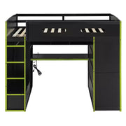 Cama alta matrimonial Merax con escritorio, armario, luces LED RGB y puerto de carga USB, elegante estructura negra con espacio de almacenamiento múltiple para amantes de los videojuegos