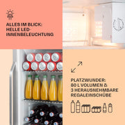 Mininevera Klarstein con puerta de cristal para habitaciones, refrigerador de bebidas con estantes ajustables, pequeño de 80 litros, frigorífico silencioso para interiores/exteriores