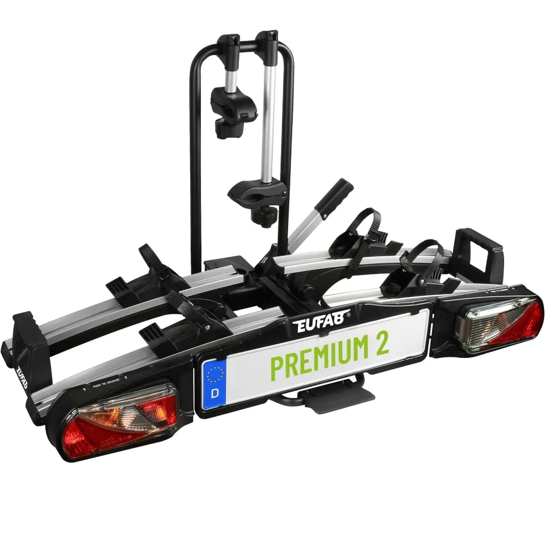 Portabicicletas EUFAB Premium 2 para 2 bicicletas 11521, apto para bicicletas eléctricas, premontado, antirrobo, para enganche de remolque, negro y plateado