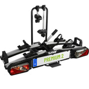 Portabicicletas EUFAB Premium 2 para 2 bicicletas 11521, apto para bicicletas eléctricas, premontado, antirrobo, para enganche de remolque, negro y plateado