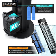 Brandson – enfriador de aire portátil con refrigeración por agua y diseño ECO - Motor CC muy silencioso - 60% de ahorro energético - Ganador en ventiladores y enfriadores de aire 2026 - Ventilador de torre – Oscilación – Función de iones