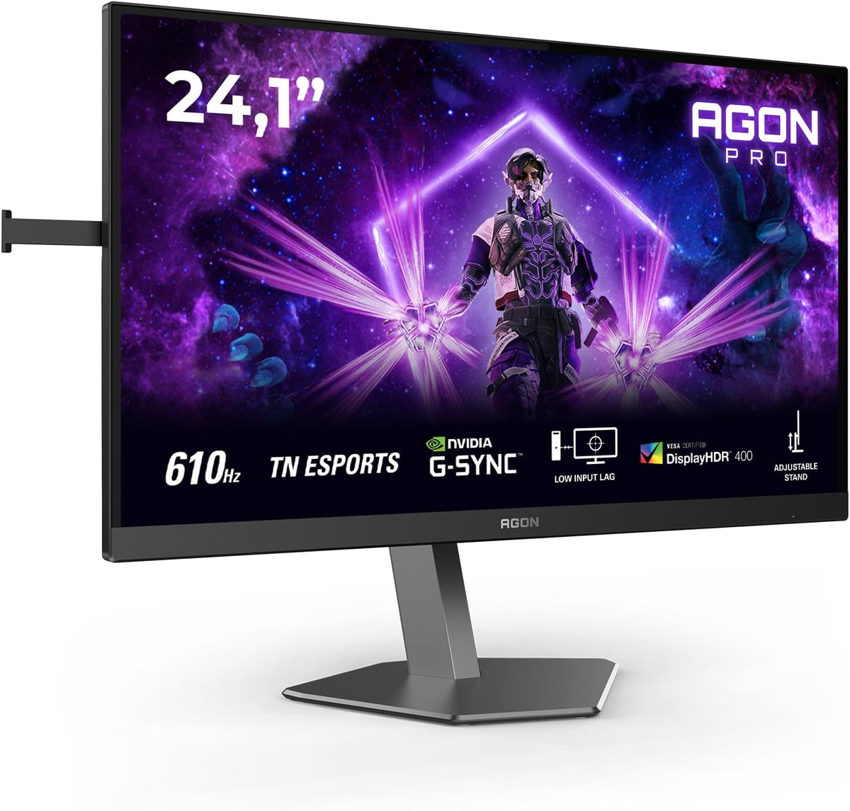 Monitor de juego AOC AG246FK6 de 24 pulgadas FHD, 610 Hz, TN Esports, 0,5 ms GtG, Adaptive Sync, HDR400, altura ajustable, compatible con G-Sync (1920 x 1080, 2 puertos HDMI 2.1, DP 1 puerto USB 1.4) negro/gris