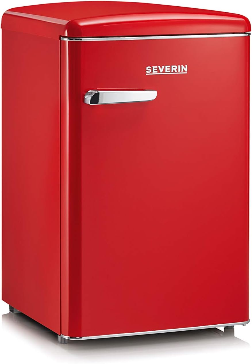 Mininevera retro SEVERIN, incluye opción de refrigeración que ahorra espacio, 2 estantes de altura ajustable, compartimento congelador integrado, extremadamente silenciosa - 37 dB, capacidad útil de 108 L, rojo, RKS 8830