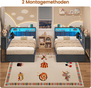 Cama tapizada, sofá cama de 90x200 con iluminación LED, estación de carga, diván, cama juvenil con 2 cajones y somier de metal, cabecero con espacio de almacenamiento, estantes abiertos, armario, negro