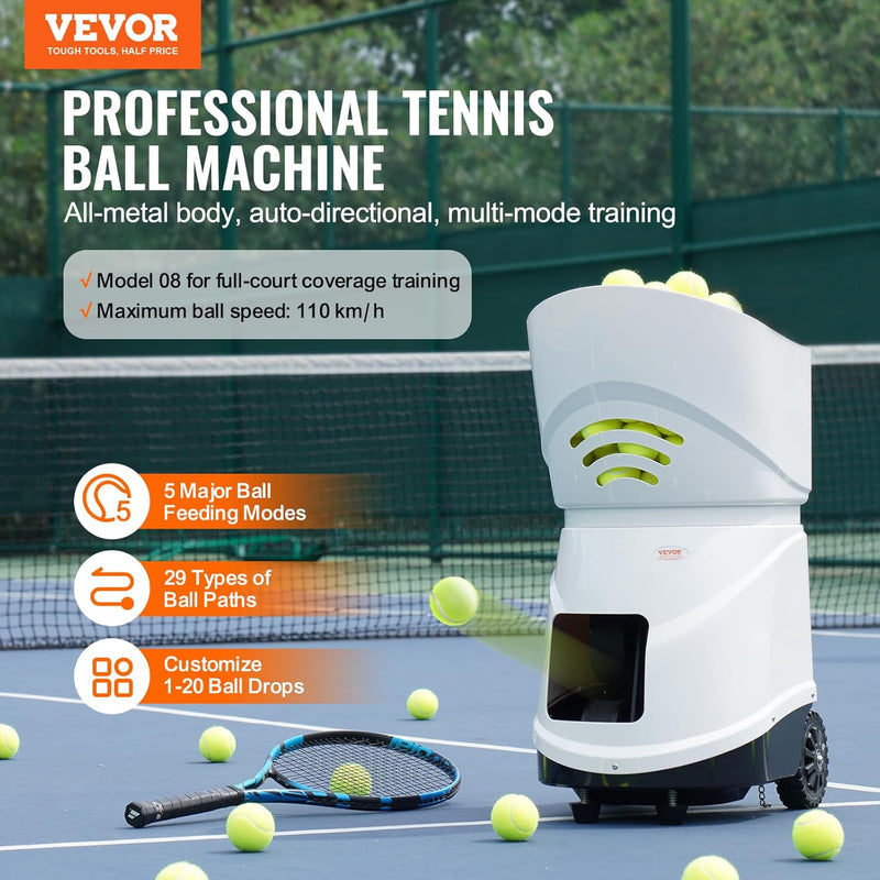 Máquina de tenis VEVOR, lanzador de pelotas de tenis portátil, lanzador de práctica para 150 pelotas, entrenamiento de tenis, 5 motores, ejercicios multimodales, más de 2 horas de tiempo de juego, batería recargable, control remoto por aplicación