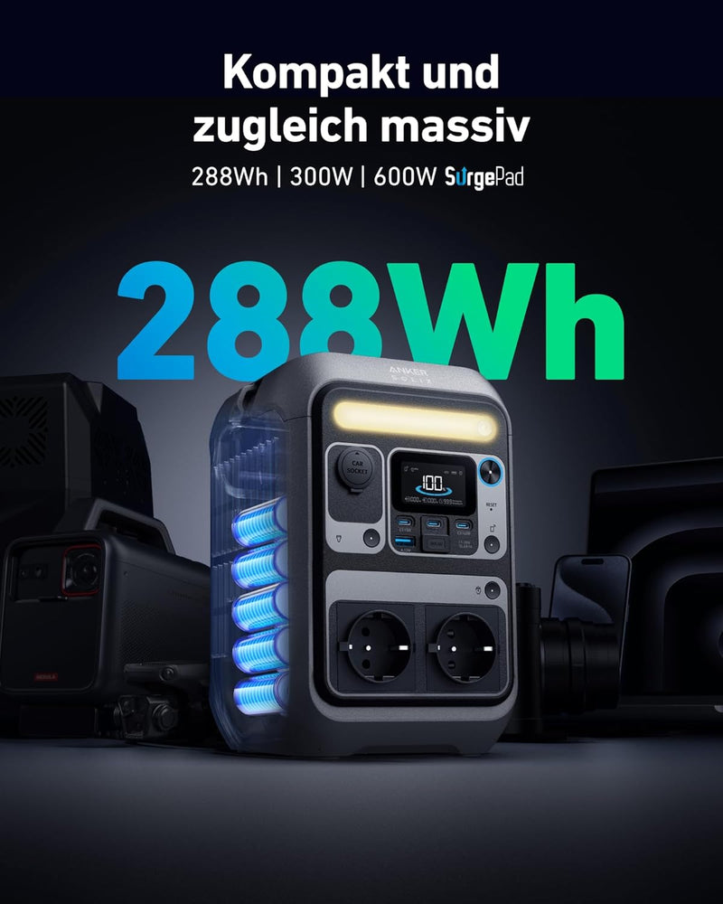 Estación de energía portátil SOLIX C300, batería LiFePO4 de 288Wh, generador solar de 300W (máx. 600W), carga rápida bidireccional de 140W, para camping, aire libre, viajes, emergencias, en movimiento (panel solar opcional)