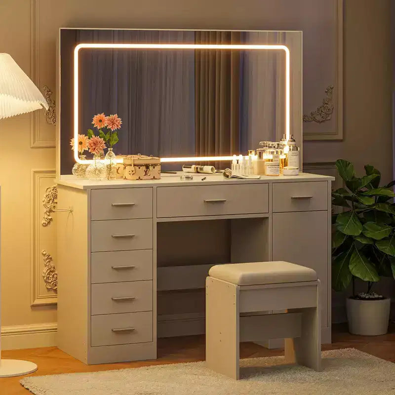 Tocador moderno con espejo grande, 7 cajones, luces LED, silla, 3 modos de iluminación, soporte para secador de pelo y estación de carga para dormitorio