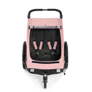 hauck Remolque de bicicleta y cochecito Dryk Duo Plus con suspensión, para 2 niños (6-48 meses), incluye barra de tiro, rueda de cochecito, bandera y luz LED, plegable, altura ajustable, maletero XL (verde oscuro)