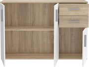 Cómoda Forte IKOLI 120, cómoda moderna, 3 puertas, 2 cajones, salón/dormitorio, pasillo, madera derivada, blanco con decoración de roble Sonoma, 119,6 cm de ancho x 81,7 cm de alto x 31,4 cm de fondo
