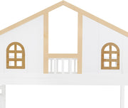 Cama alta Merax 90x200cm, litera infantil para 2 niños, cama casita con escalera, almacenaje y cajones, cama tipo casa del árbol con ventana y techo, protección anticaídas y somier, pino+MDF, sin colchón, blanca