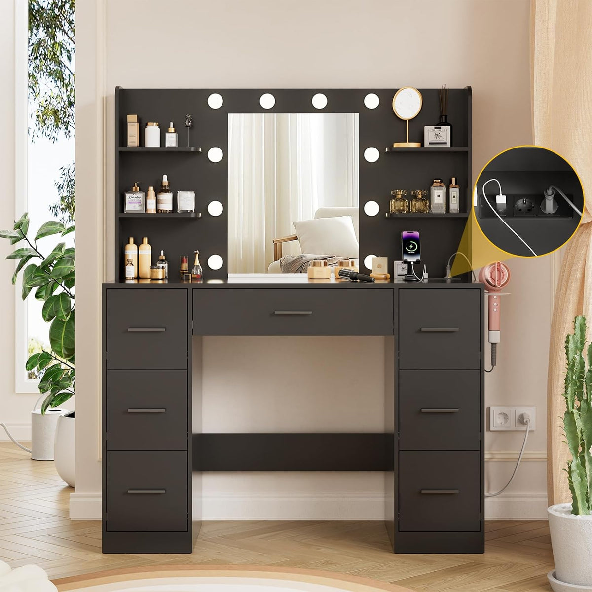 Tocador LED Airfish, con cajón y enchufe, escritorio de maquillaje moderno con estantes, cómoda para dormitorio