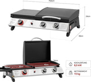 Barbacoa de gas de 3 quemadores Royal Gourmet, parrilla de mesa 3 en 1 para asar, freír y cocinar, barbacoa de camping con mesa auxiliar plegable, parrilla portátil para picnic de 8,5 kW, negra