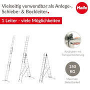 Escalera combinada Hailo S100 ProfiLOT de 3 tramos de aluminio, sistema LOT, 3x12 peldaños perfilados, 150 kg, inoxidable, plateada