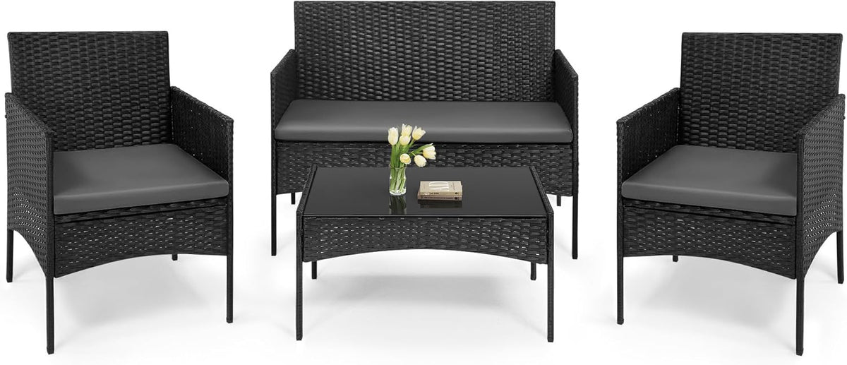 WOLTU Gartenmöbel 4-teilig Set mit 1 Sofa, 2 Sessel, 1 Couchtisch und Kissen Lounge-Möbel Outdoor 2-Sitzer-Bank mit Glas Gartentisch Terrassenmöbel Wetterfest für Garten, Terrassen, Balkon, Schwarz