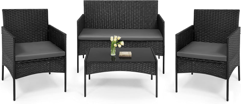 WOLTU Gartenmöbel 4-teilig Set mit 1 Sofa, 2 Sessel, 1 Couchtisch und Kissen Lounge-Möbel Outdoor 2-Sitzer-Bank mit Glas Gartentisch Terrassenmöbel Wetterfest für Garten, Terrassen, Balkon, Schwarz