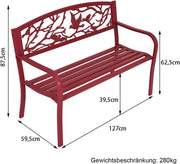 GIANTEX Banco de jardín de 2 plazas, banco de parque de metal, banco de hierro con capacidad de carga de hasta 280 kg, banco de terraza con respaldo y reposabrazos, banco de estilo retro para jardín, balcón, terraza, 127 x 59,5 x 87,5 cm rojo