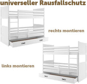 Interbeds Litera 200x90 cm Cama alta con cajón Cama litera Cama de madera de pino Cama infantil Cama juvenil con somier y protección anticaídas (blanco, 200x90)