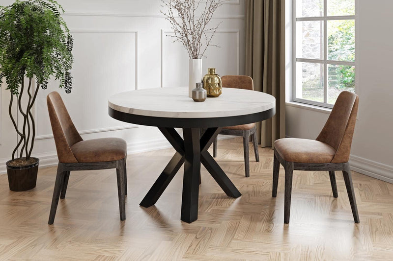 WFL GROUP Mesa de comedor redonda extensible con efecto mármol blanco - Mesa de estilo loft con patas de metal - Mesa industrial para salón - Ahorro de espacio - Mármol blanco - 100 a 180 cm