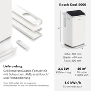 Acondicionador de aire móvil Bosch Cool 4000 - 3 en 1: aire acondicionado, deshumidificador, ventilador - 2,6 kW para habitaciones de hasta 35 m² - Con modo automático, modo silencioso y modo de suspensión