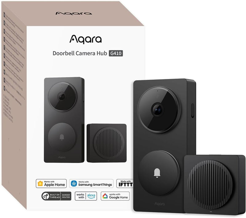 Aqara 2K Video Doorbell G4 con Timbre, HomeKit Secure Video, Hub Matter Integrado, Wi-Fi 2,4GHz/5GHz, Zigbee y Thread, 4:3, Inalámbrico/Cableado, Compatible con Alexa, Google, Home Assistant, Negro