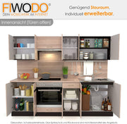 Cocina lineal FIWODO con electrodomésticos - AMPLIABLE - Cocina, cocina equipada en color: Roble Sonoma, 240 cm, con fregadero, grifería, placa, horno, campana extractora, PRODUCTO NUEVO con GARANTÍA