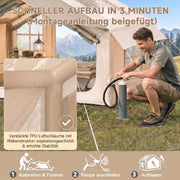 Tienda de campaña hinchable HAUSPROFI para 3-4 personas, 6,3 m² de estilo glamping con avance, apertura para chimenea, 200 cm de altura, 420D impermeable, bomba incluida