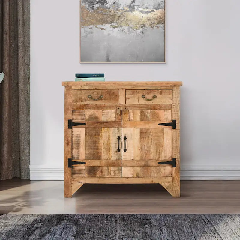 Consola de gabinete de 39 pulgadas estilo granja artesanal con 2 cajones de madera de mango y almacenamiento de 2 puertas, marrón rústico