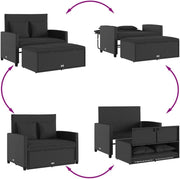 vidaXL Sofá de jardín con cojines, 2 plazas, sofá de exterior con taburete con almacenamiento, sofá con funda extraíble, muebles de jardín, conjunto de jardín, ratán sintético negro