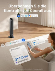 Ventilador de torre inteligente y silencioso DREO, control por APP y voz, ventilador oscilante de 90° con mando a distancia, 4 modos, 4 velocidades, temporizador de 8 h, Nomad One S, negro