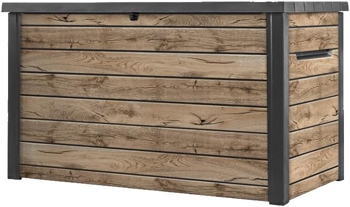 Arcón para exteriores Keter Ontario 870 litros | 100% impermeable con ventilación para evitar malos olores y moho | Aspecto de madera moderno | Tapa con amortiguadores de gas