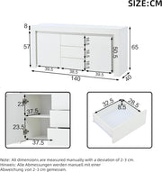 Aparador ModernLuxe LED de alto brillo para salón, armario auxiliar de 140x40x65 cm, 3 cajones y 2 puertas, cómoda moderna con almacenamiento para recibidor, oficina y salón, blanco
