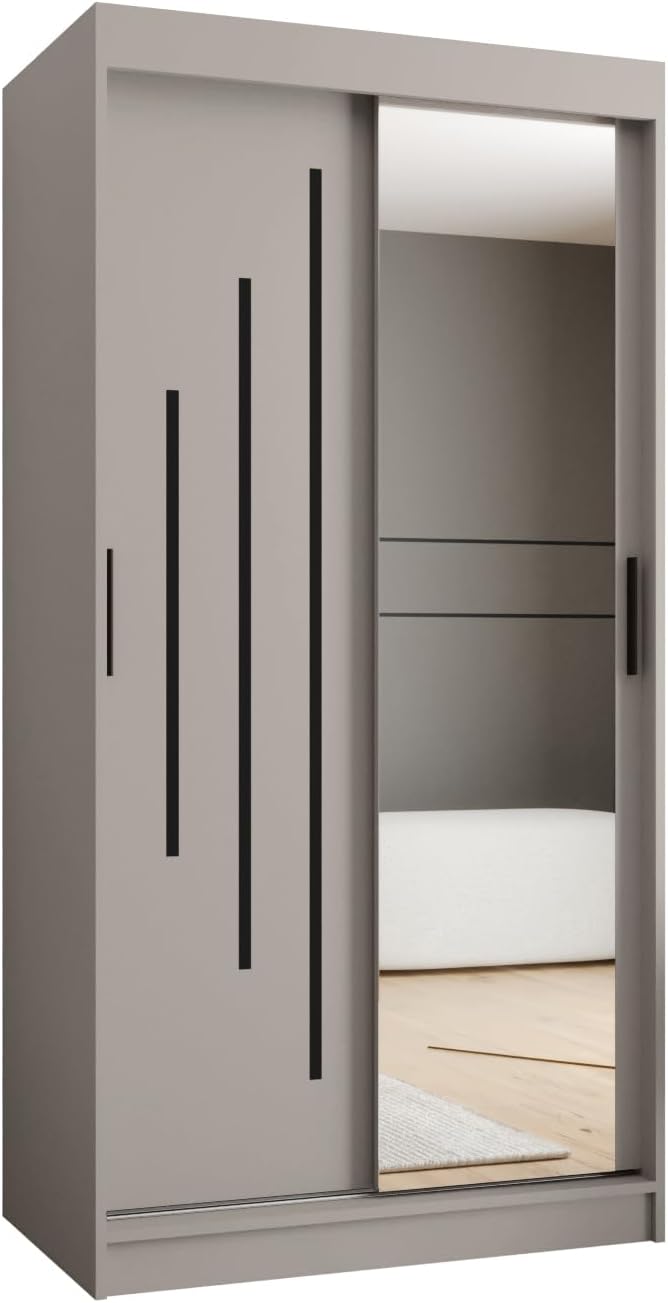 Kryspol - Armario de puertas correderas - Armario con espejo - Armario de 100 cm de ancho x 200 cm (alto) x 62 cm (fondo), 2 puertas, tablero de muebles laminado, armario de puertas correderas Rubino Y2 100, color cachemira